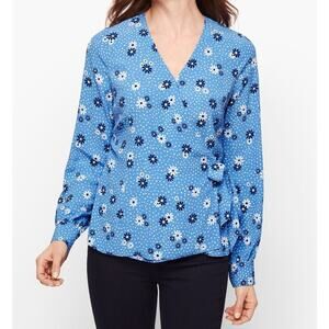 Talbots Womens Petite XLarge Daisy Viscose Wrap Blouse Blue Floral Long Sleeve